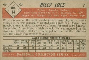 1953 Bowman Color #14 Billy Loes back image