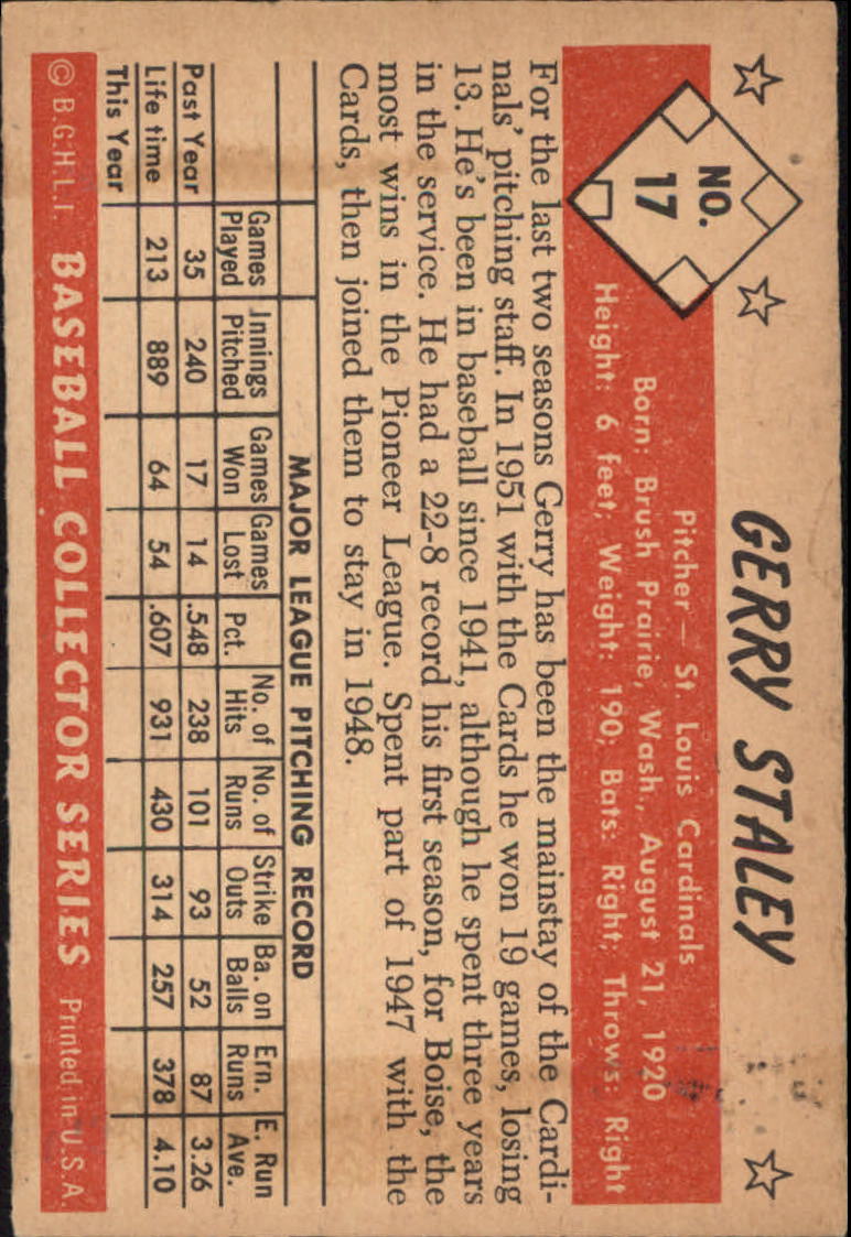 1953 Bowman Color #17 Gerry Staley back image
