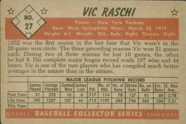1953 Bowman Color #27 Vic Raschi back image