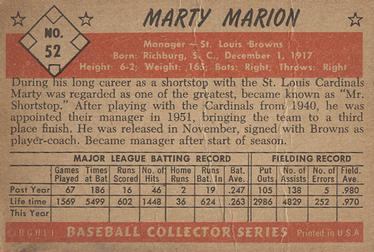 1953 Bowman Color #52 Marty Marion MG back image