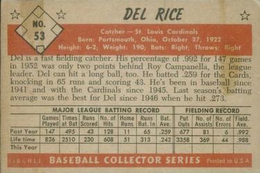 1953 Bowman Color #53 Del Rice back image