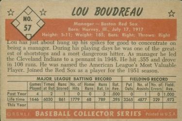 1953 Bowman Color #57 Lou Boudreau MG back image