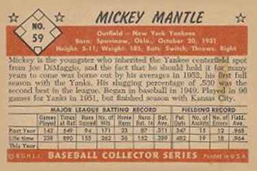 1953 Bowman Color #59 Mickey Mantle back image
