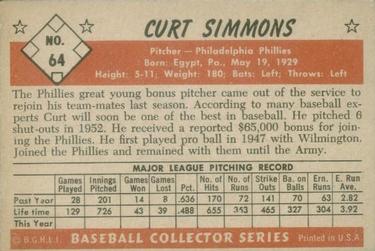 1953 Bowman Color #64 Curt Simmons back image