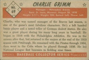 1953 Bowman Color #69 Charlie Grimm MG back image