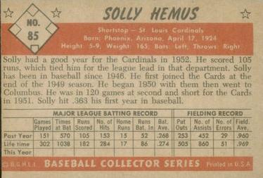 1953 Bowman Color #85 Solly Hemus back image