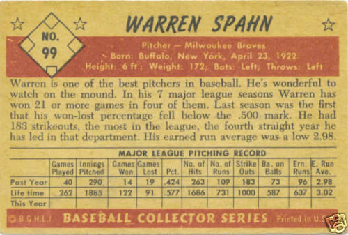 1953 Bowman Color #99 Warren Spahn back image