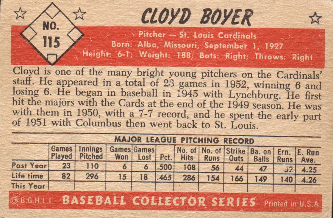 1953 Bowman Color #115 Cloyd Boyer back image