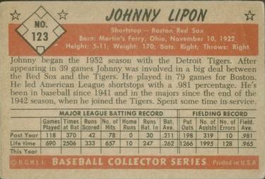 1953 Bowman Color #123 Johnny Lipon back image