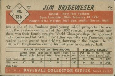 1953 Bowman Color #136 Jim Brideweser RC back image