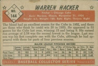 1953 Bowman Color #144 Warren Hacker back image