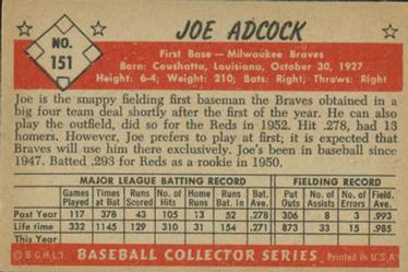 1953 Bowman Color #151 Joe Adcock back image