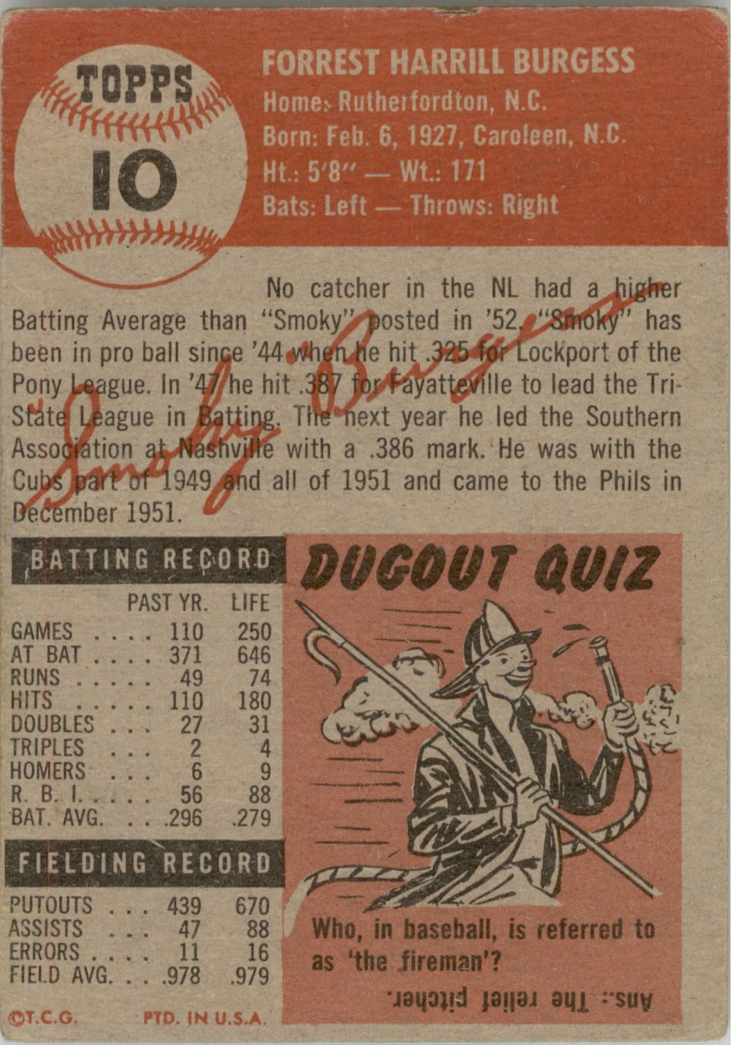 1953 Topps #10 Smoky Burgess SP back image