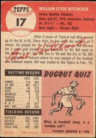 1953 Topps #17 Billy Hitchcock back image