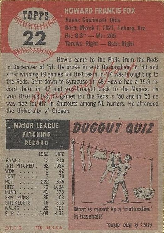 1953 Topps #22 Howie Fox back image