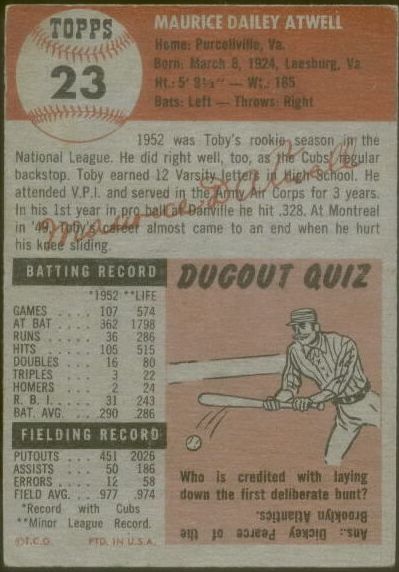 1953 Topps #23 Toby Atwell DP back image