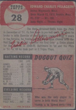 1953 Topps #28 Eddie Pellagrini back image