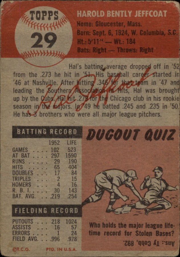 1953 Topps #29 Hal Jeffcoat back image