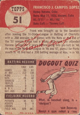 1953 Topps #51 Frank Campos DP back image