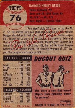 1953 Topps #76 Pee Wee Reese back image