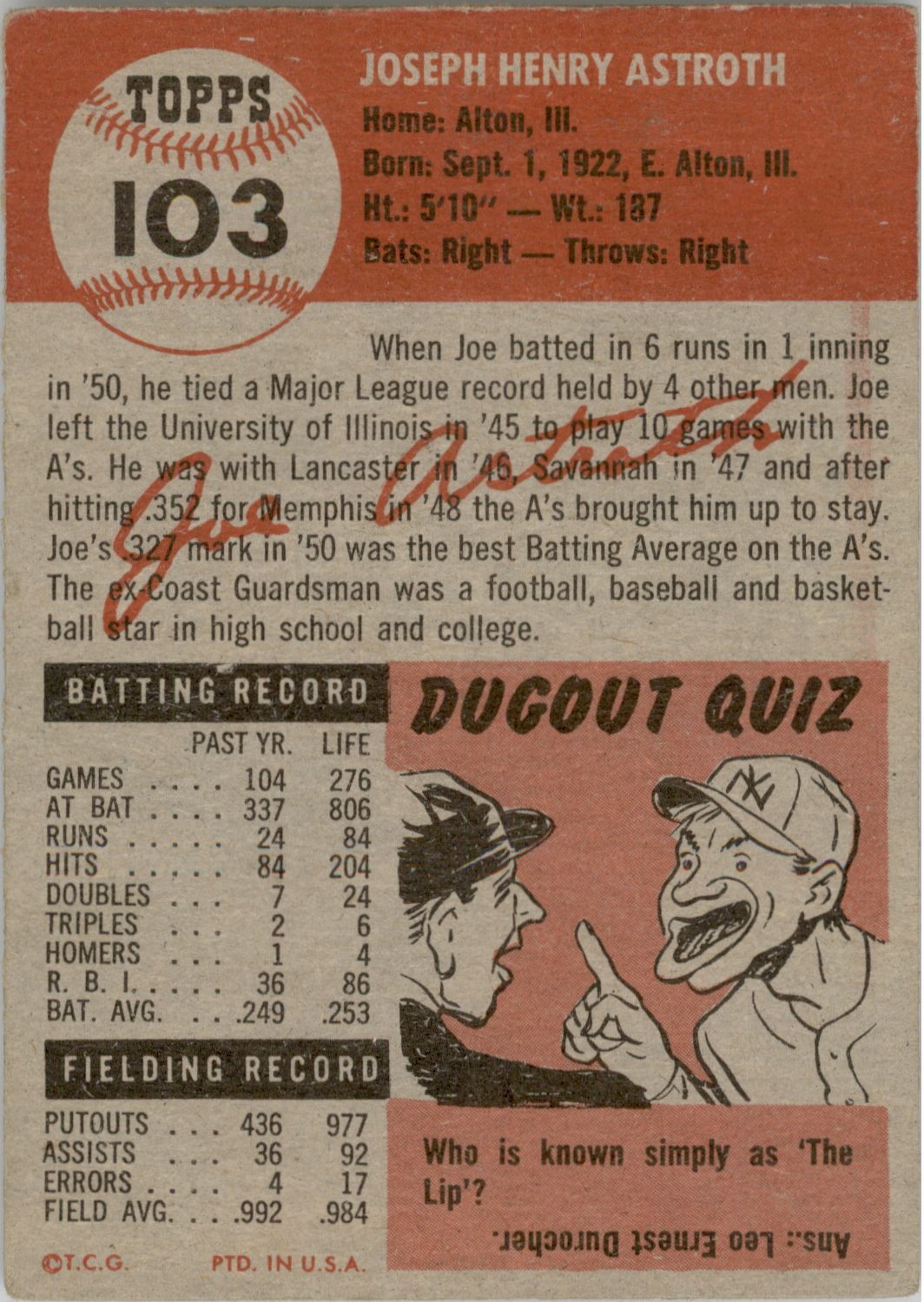 1953 Topps #103 Joe Astroth DP back image