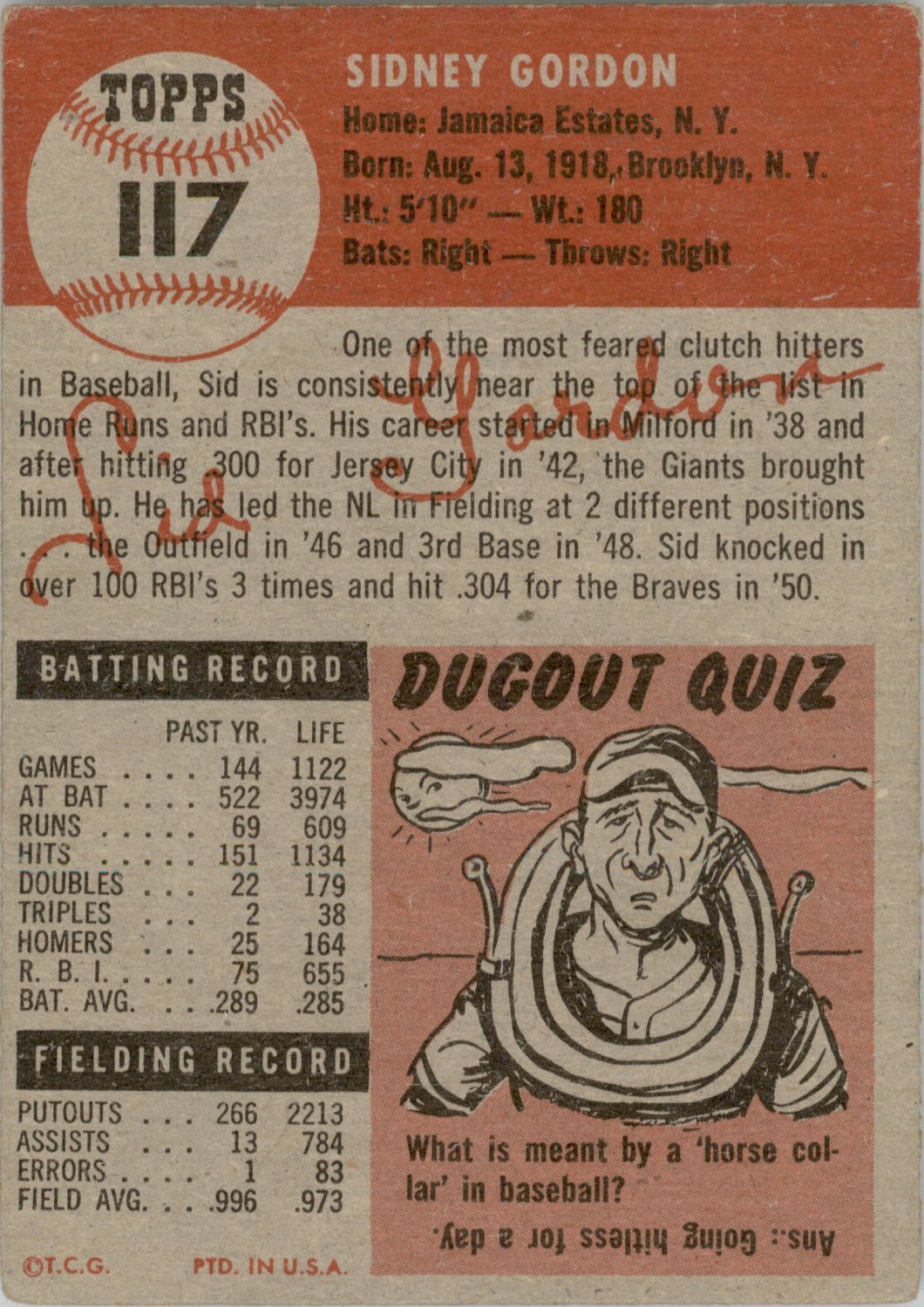 1953 Topps #117 Sid Gordon DP back image