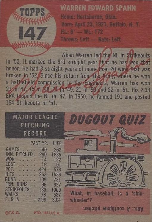 1953 Topps #147 Warren Spahn back image