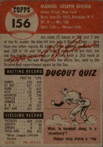 1953 Topps #156 Jim Rivera DP RC back image