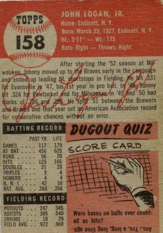 1953 Topps #158 Johnny Logan RC back image