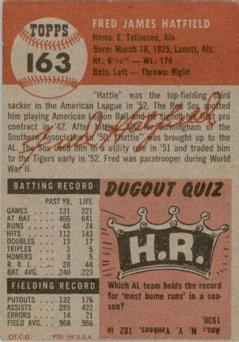 1953 Topps #163 Fred Hatfield DP back image