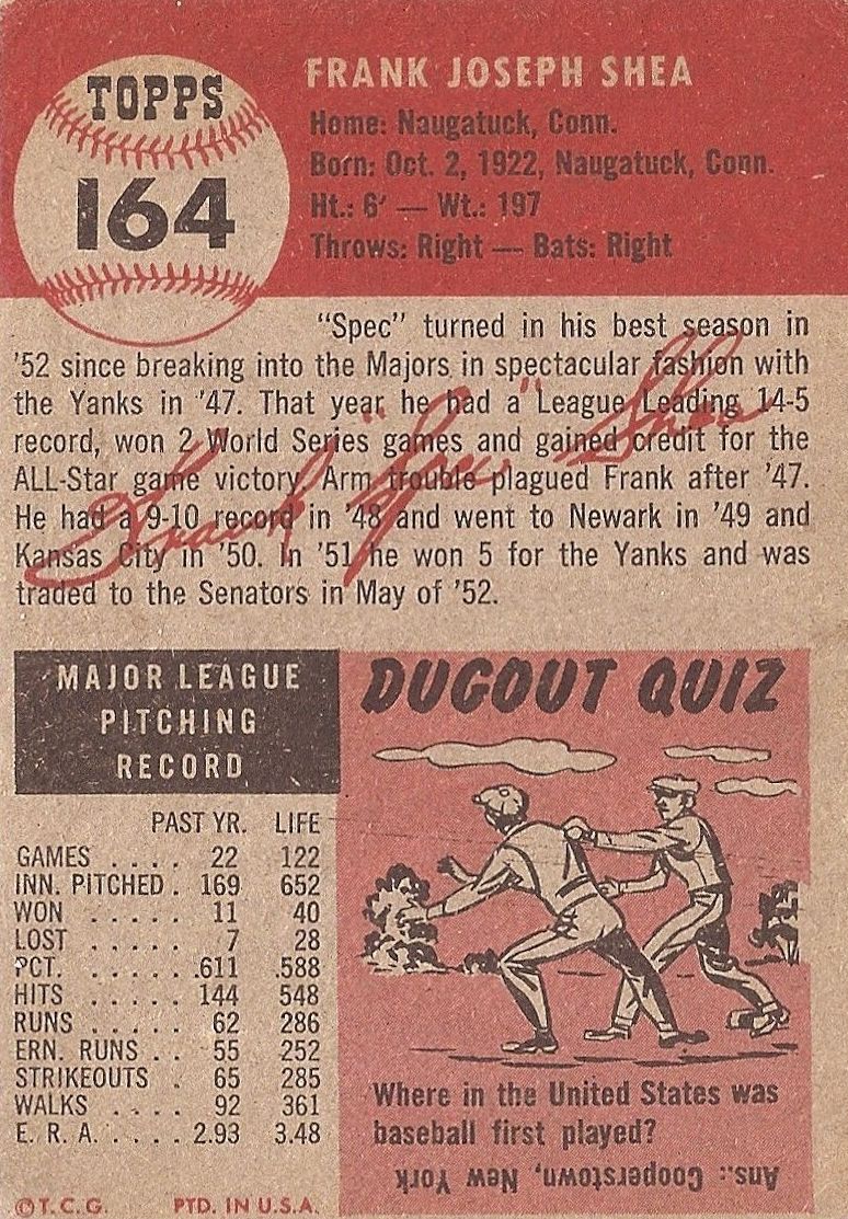 1953 Topps #164 Frank Shea DP back image