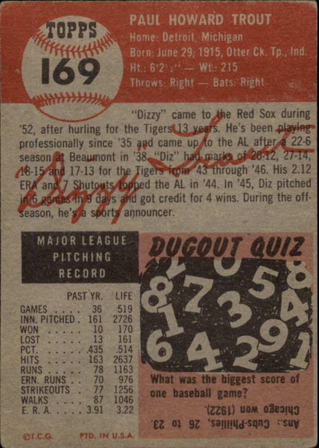 1953 Topps #169 Dizzy Trout back image