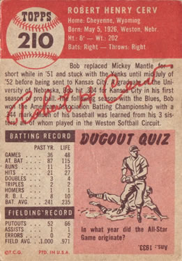 1953 Topps #210 Bob Cerv RC back image