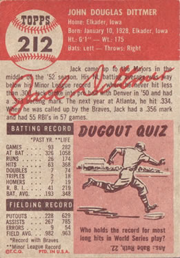 1953 Topps #212 Jack Dittmer RC back image