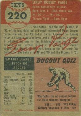 At Auction: 1953 Topps #220 Satchel Paige DP St. Louis Browns