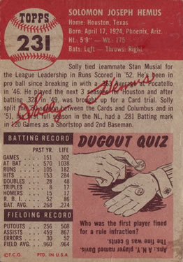 1953 Topps #231 Solly Hemus DP back image