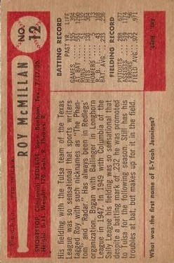 1954 Bowman #12A Roy McMillan/551/1290 At Bat back image