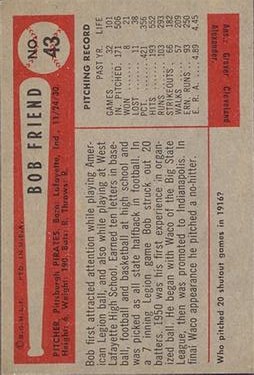1954 Bowman #43A Bob Friend 20 Shutouts in Quiz back image