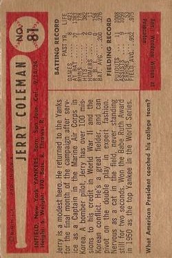1954 Bowman #81A Jerry Coleman/1.000/.975 Fielding Avg. back image