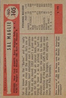 1954 Bowman #105A Sal Maglie Quiz Answer is 8 back image