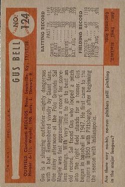 1954 Bowman #124A Gus Bell/15/27 Errors back image