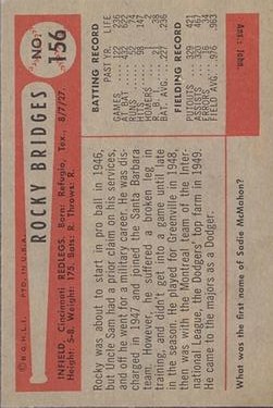 1954 Bowman #156A Rocky Bridges/320/467 Assists back image