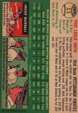 1954 Topps #11 Paul Leslie Smith RC back image