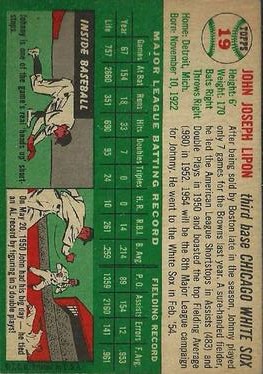 1954 Topps #19 Johnny Lipon/Orioles Team Name on Front/White Sox team on Back/Wearing a Red Sox cap back image