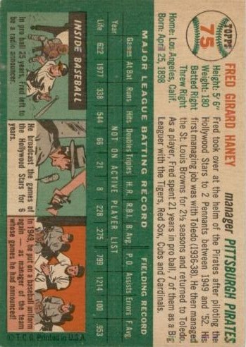 1954 Topps #75 Fred Haney MG RC back image