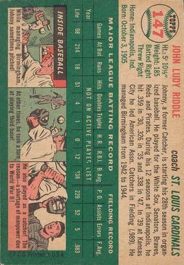 1954 Topps #147 Johnny Riddle CO back image