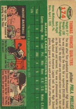 1954 Topps #174 Tom Qualters RC back image