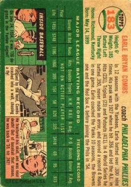 1954 Topps #183 Earle Combs CO back image