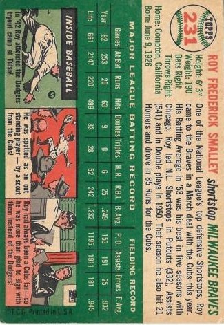 1954 Topps #231 Roy Smalley back image