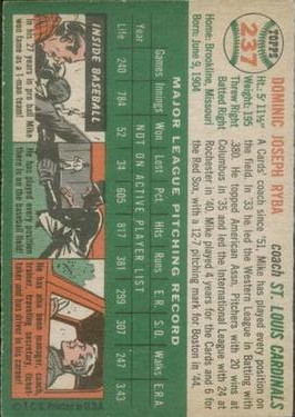 1954 Topps #237 Mike Ryba CO RC back image